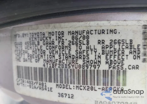 2000 Toyota Avalon Xls из США, поврежденный, VIN 4T1BF28B5YU089797